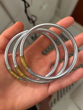 Silver Tone Bangle Bracelet Set with Gold Accents